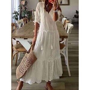 Casual V-neck Half Sleeve Maxi Dress With Tassel